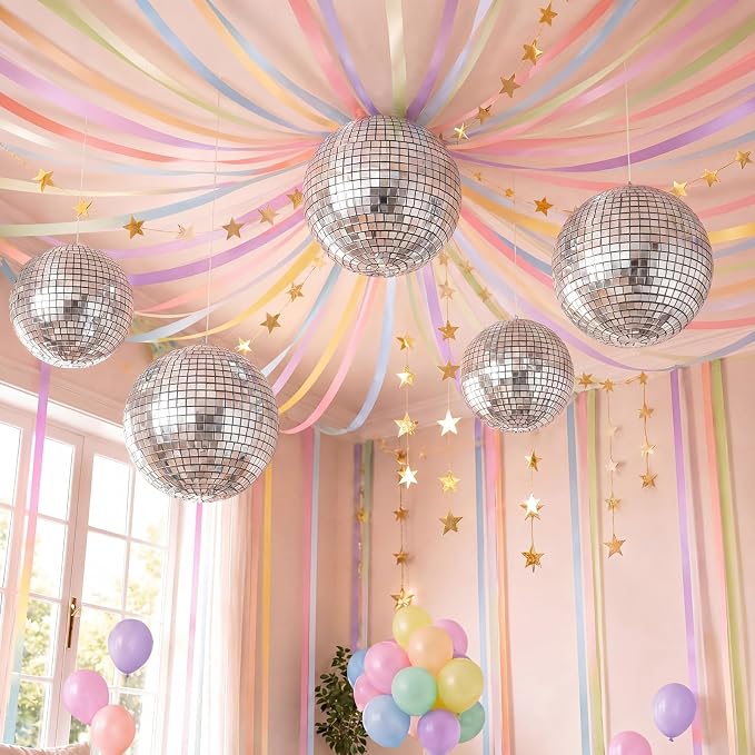 Spakon 14 Pcs Pastel Birthday Party Decoration Kit 492ft Colorful Crepe Paper Streamers Garland 5 Silver Disco Ball Balloons 26.24ft Gold Star Garland Backdrop 1 Tape for Classroom Fancy Party Decor