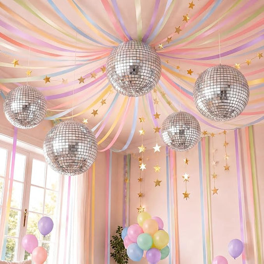 Spakon 14 Pcs Pastel Birthday Party Decoration Kit 492ft Colorful Crepe Paper Streamers Garland 5 Silver Disco Ball Balloons 26.24ft Gold Star Garland Backdrop 1 Tape for Classroom Fancy Party Decor