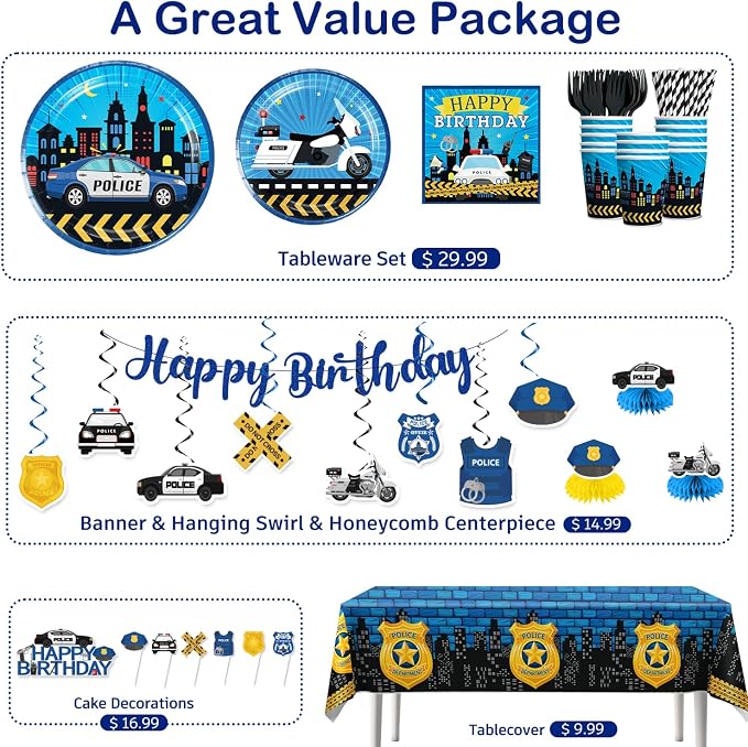339pcs Police Birthday Party Decorations Tableware Complete Set, Serves 50 Guests, Party Decorations Kit with Banner Plates, Napkins, Balloons, Tablecloths