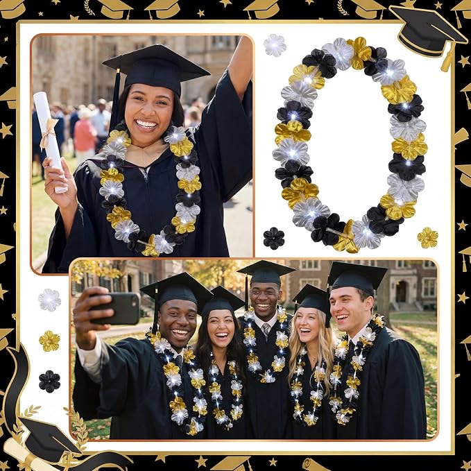 Sherr 48 Pcs Graduation LED Hawaiian Leis Class of 2026 Light Up Flower Leis Necklace with LED Lights Black Gold Silver Luau Flowers Necklaces for Graduation Party Decoration Supplies