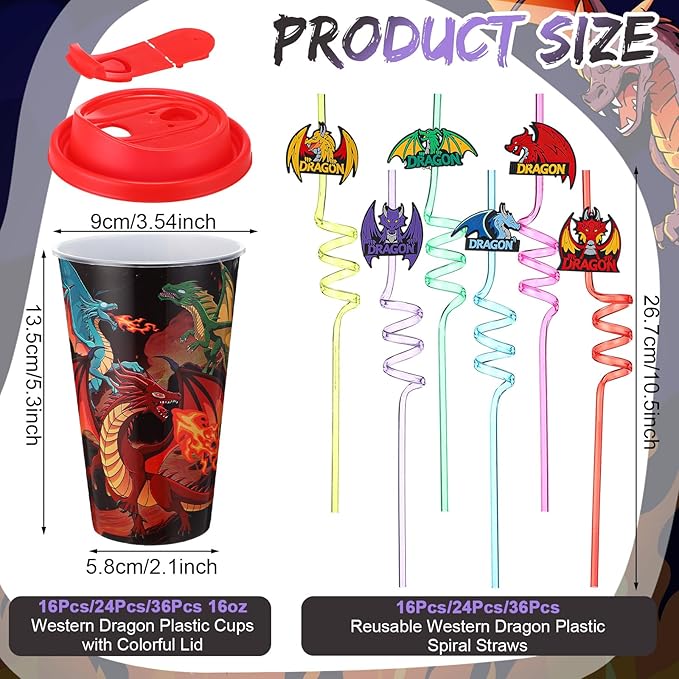 Yungyan 36 Sets Dragon Party Favors Goodie Cups with Lids and Straws for Birthday Decorations Reusable 16oz Plastic Candy Cups Plastic Straws for Birthday Party (Dragon)