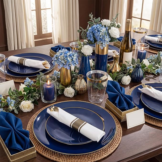 KIRE 350Pcs Blue and Gold Plates -Heavy Duty Navy Blue Dinnerware Set - 100 Plastic Plates 50 Pre Rolled Napkins with Gold Plastic Silverware 50 Cups for Birthday/Wedding/Parties/Graduation