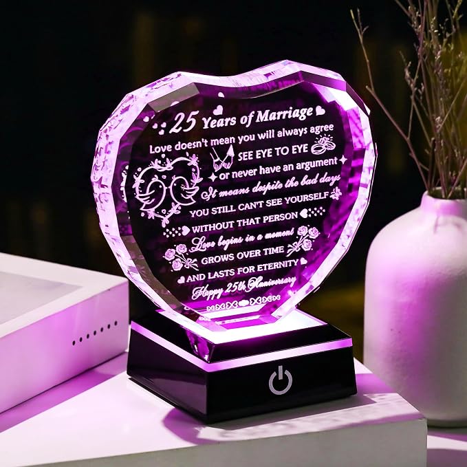 Arikyrist 25th Wedding Anniversary Crystal Heart Gifts for Couple, Laser Engraved 25 Year Anniversary Crystal Gifts for Wife Husband Parents, Romantic 25 Years of Marriage Gift for Him Her Friends
