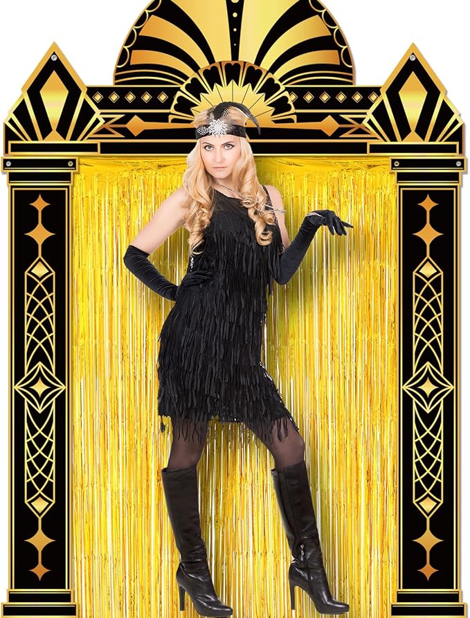 Peryiter 5 Pcs 1920s Party Decorations with Gold Foil Curtain Backdrop Roaring 20's Themed Backdrop Awards Night Party Decor for Vintage Black Gold Art Event for Halloween, New Year, Birthday
