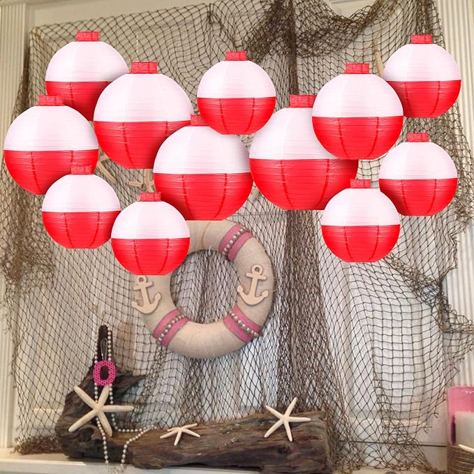 Fishing Bobber Paper Lanterns Round Decoration Lantern 12 PCS Red and White Hanging Paper Lanterns for Fishermen Theme Party Decoration Supplies Birthday Decor