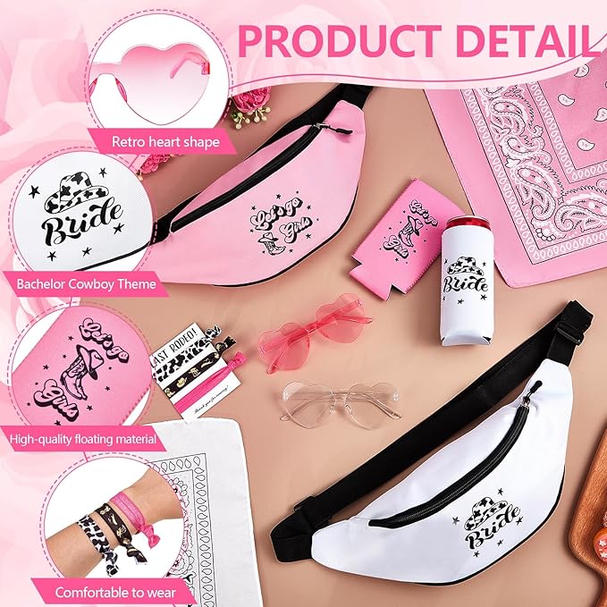 Tanlade 35 Pcs Cowgirl Bachelorette Party Supplies Includes 7 Pcs Bridesmaid Bride Fanny Pack 7 Pcs Can Sleeves 7 Sets Cowgirl Hair Ties 7 Pcs Bandanas 7 Pcs Heart Glasses for Wedding Bridal Shower
