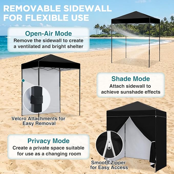 EAGLE PEAK 6x4 Instant Pop Up Canopy Tent with 4 Side Wall Panels, Straight Leg Sun Shelter, Portable Canopy with Carry Bag for Camping, Beach & Sports, Black