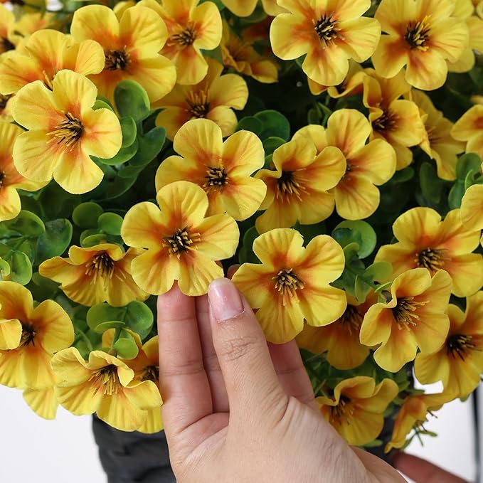 VIERENA 2 Sets Artificial Morning Glory and Eucalyptus Hanging Basket for Outdoor, UV-Resistant Fake Flower Hanging Basket, Suitable for Porch, Aisle, Garden, Patio, Eaves Decor (Yellow)
