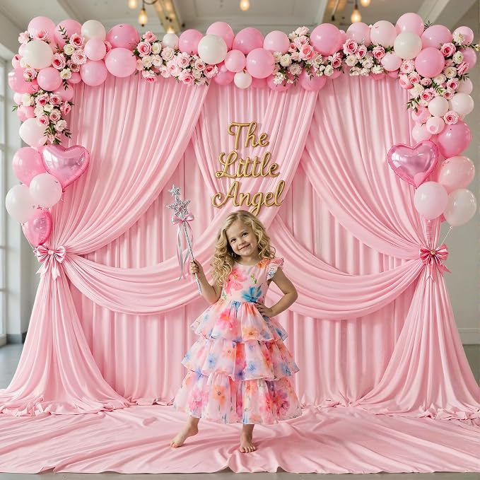 30ftx12ft Wrinkle Free Pink Backdrop Curtain, 6 Panels 12FT Long Wedding Photo Backdrop Drapes, Silky Polyester Back Drop Cloth for Birthday Photography Background Party Backdrop Draping