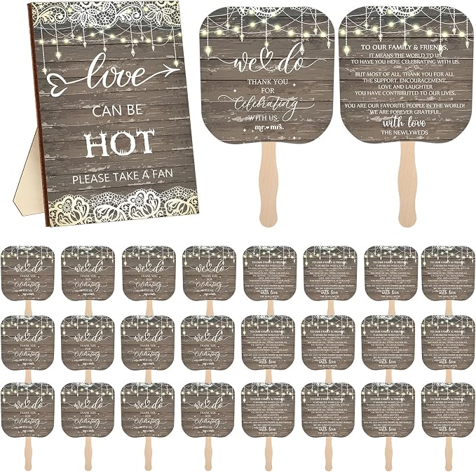 Fumete Wedding Favors for Guests 50 Pcs Wedding Fans and 1 Pc Table Sign Portable Paper Fan with Wooden Handle Hand Fan for Bridal Shower Party Favor Appreciation Gift(Light String)