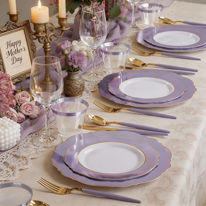 WDF 60pcs Purple Plates Disposable with Gold Rim - Baroque Light Purple Plastic Plates - Lavender Plates for Spring/Wedding/Birthday/Mother's Day