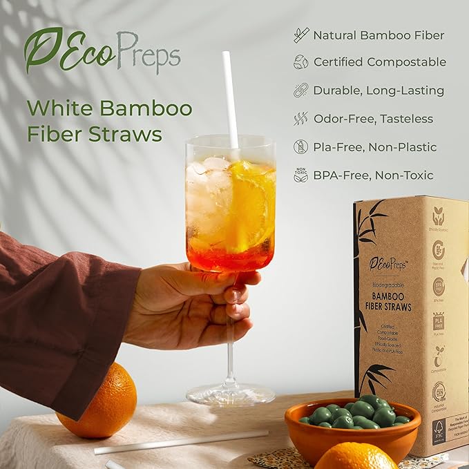 EcoPreps Biodegradable Bamboo Fiber Straws | 150 Count, 100% Compostable, Plastic-Free, Eco-Friendly Drinking Straw | 7.8'' Plant Fiber Disposable Straws, White Straw | Durable for Warm & Cold Drinks