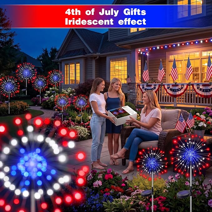 btfarm 4th of July Decorations Outdoor 4 Pack 120LED, Red White Blue Firework Lights Solar Powered, Waterproof Patriotic Garden Light for Independence Day Memorial Day Yard Pathway Lawn Decor