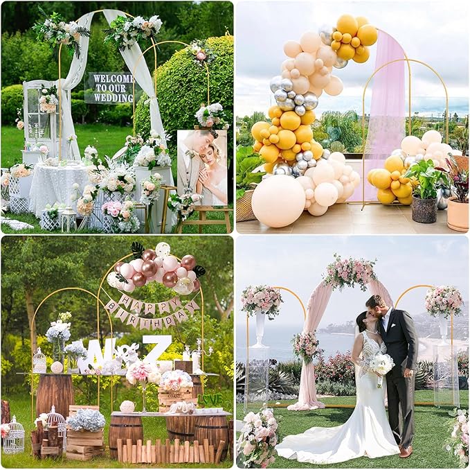 SuuWoee Metal Arch Backdrop Stand Set of 2 With Pink Cover (7.2FT+6FT) Gold Wedding Arch Stand Balloon Arched for Birthday Party Baby Shower Graduation Ceremony Decoration