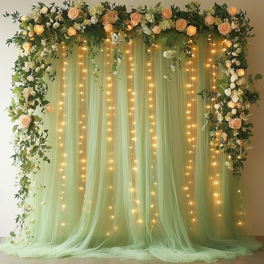 Sage Green Tulle Backdrop Curtain with Lights - 10x10ft Sheer Backdrop with 300 LEDs for Wedding, Baby Shower, Bridal Shower, Birthday Party Photo Shoot Background and Home Decorations