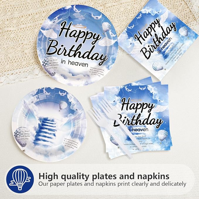 96 Pcs Happy Birthday in Heaven Party Supplies Funeral Remembrance Plates and Napkins Disposable Funeral Memorial Tableware Set for Condolence Birthday Anniversary Party Decorations Serves 24