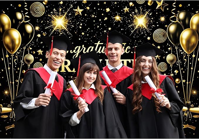 Class of 2026 Graduation Backdrop - 7x5ft Congraduations Graduate 2026 Photo Booth Background for Prom Party with Black and Gold Congrats Grad Banner Supplies Decor (Black)