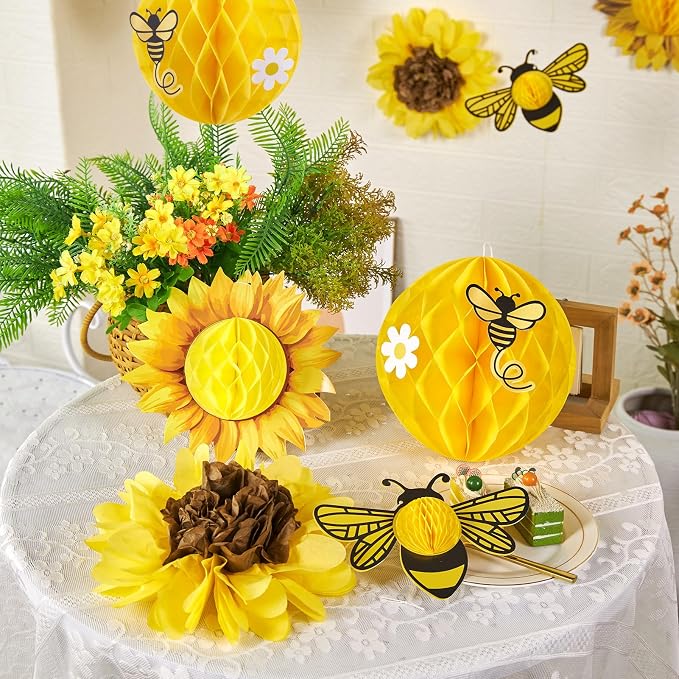 SUNBEAUTY Sunflower Party Decorations 3D Bee Honeycomb Hanging Decor Yellow Tissue Paper Flowers Birthday Yellow Sunflower Ceiling for Classroom Bulletin Board Wall Baby Shower Summer Garden Party