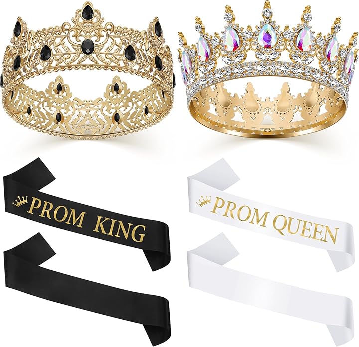 6 Pieces Prom King and Queen Crowns Sashes Set, Crystal Tiara for 2026 Homecoming Graduation Party Birthday Wedding