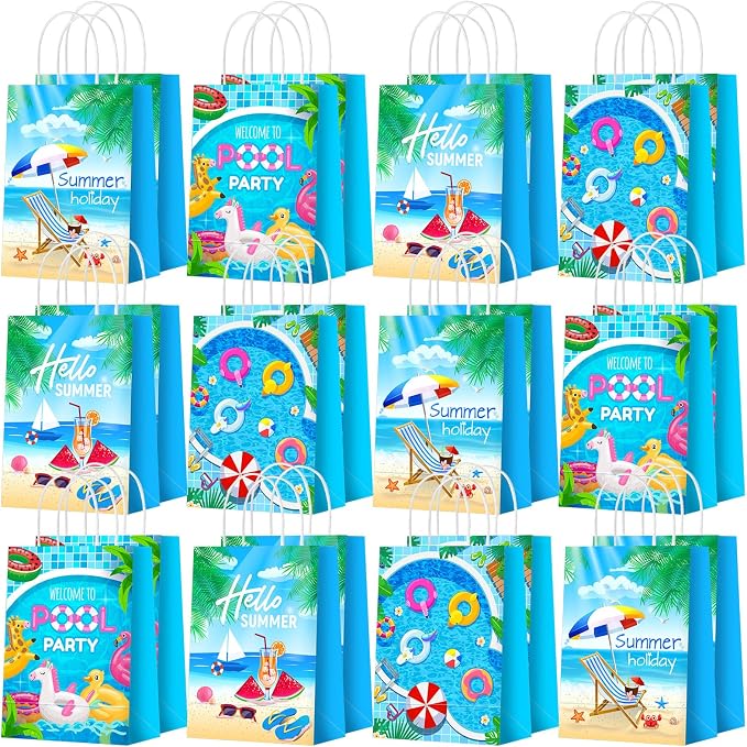 Outus 24 Pieces Summer Pool Party Favors Bags Beach Gift Goodie Paper Bags with Handles Beach Swimming Pool Candy Treat Pouch for Summer Hawaiian Luau Birthday Holiday Party Supplies