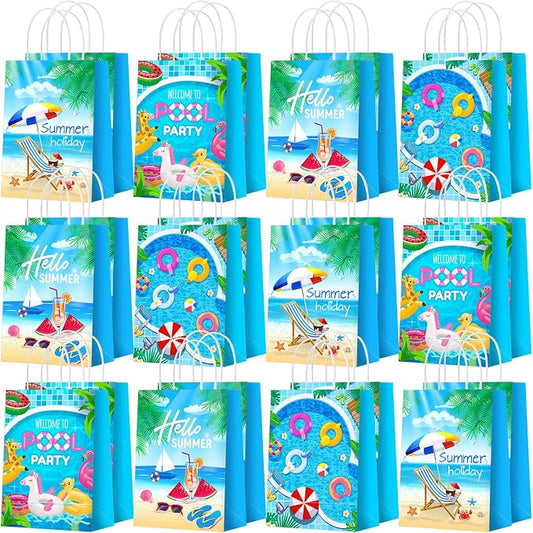 Outus 24 Pieces Summer Pool Party Favors Bags Beach Gift Goodie Paper Bags with Handles Beach Swimming Pool Candy Treat Pouch for Summer Hawaiian Luau Birthday Holiday Party Supplies