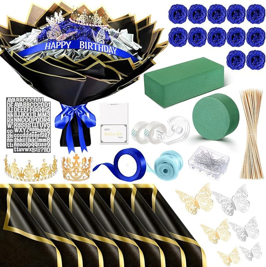 Maysing Money Bouquet Kit 12 Pcs Glitter Roses 20 Sheet Flower Wrapping Paper DIY Flower Bouquet Floral Foam Blocks Sticker for Anniversary Birthday Mother's Day Graduation(Blue)