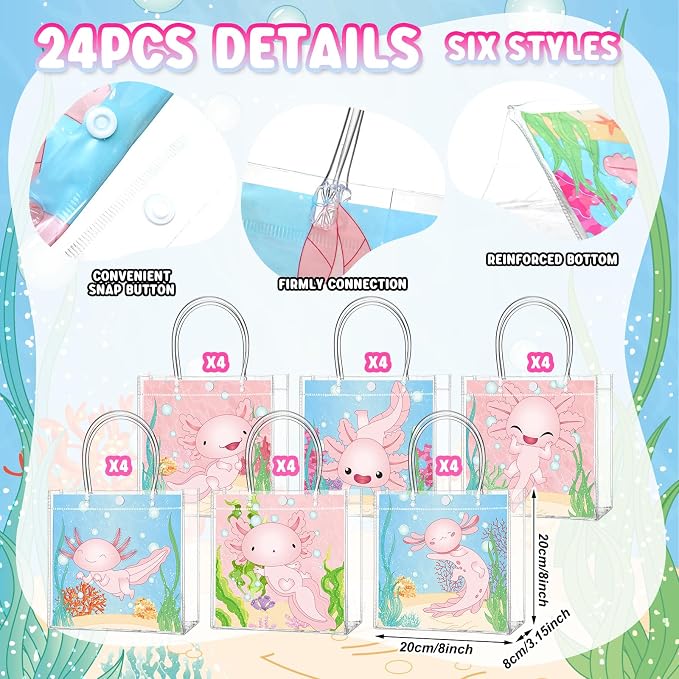 Teenyyou 24 Pcs Axolotl Party Favor Bags Amphibian Clear PVC Gift Bags with Handles for Birthday Party Decorations