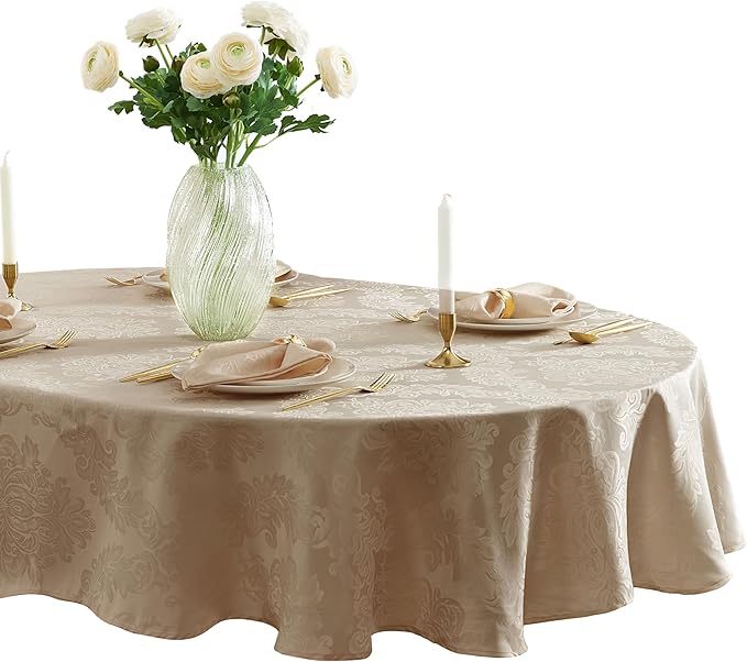 Newbridge Barcelona Luxury Damask Fabric Tablecloth, 60” Wide x 120” Oval, Golden Beige, 100% Polyester, No Iron, Soil Resistant Dining Room, Party and Banquet Table Cover