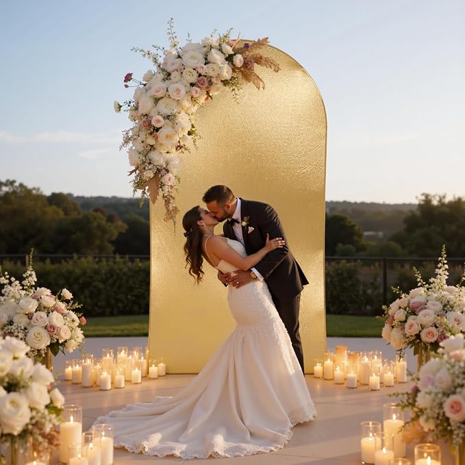 Gold Shimmer Arch Backdrop Cover 7.2FT with Zipper,Thick Soft Stretchy Sequin Glitter Spandex Fitted Chiara Cover for Wedding Birthday Baby Shower Graduation Party Photo Backdrop