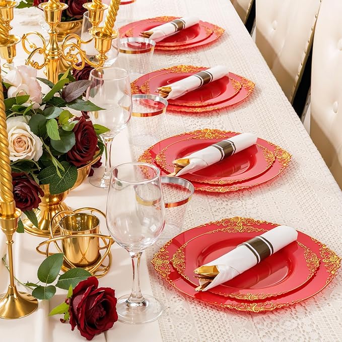 Nervure 100PCS Red and Gold Plastic Plates - 10.25inch Red Disposable Plates - Heavyweight Dinner Plate for Wedding & Party & Mothers Day