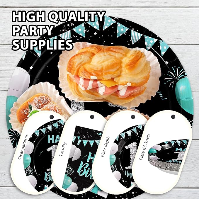 96Pcs 13th Birthday Party Supplies Teal Blue and Black Plates and Napkins Disposable Turquoise Teenager 13 Years Old Paper Tableware Set for Boys Girls 13th Birthday Party Decorations Serves 24