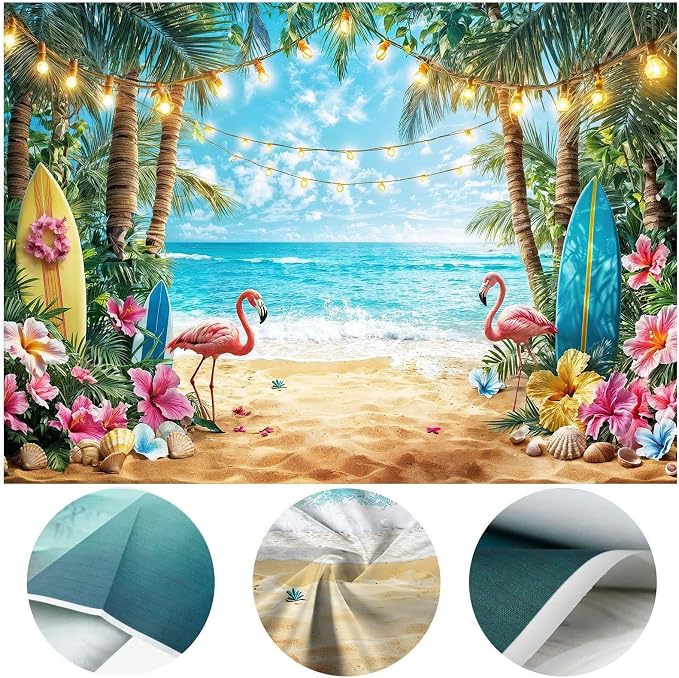 12x10ft Summer Hawaiian Beach Photography Backdrop Flamingo Tropical Flower Palm Leaves Background for Luau Aloha Party Decoration Banner Photo Booths