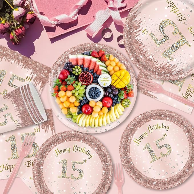121Pcs 15th Birthday Party Supplies Plates Napkins Cups Forks Tablecloth Rose Gold Happy 15th Birthday Themed Disposable Tableware Decorations Serves 24 Guests for Girls 15 Years Birthday Decor
