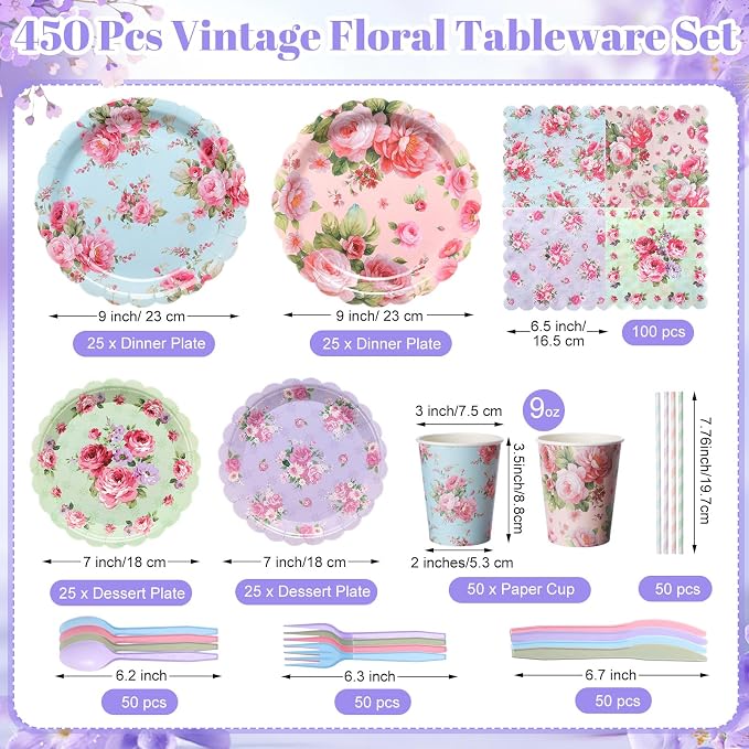 450 Pcs Vintage Floral Tableware Set Tea Party Decorations Floral Paper Plates Disposable Napkins Cups Cutlery Straws for Tea Party Mother's Day Bridal Shower Wedding Supplies, Serves 50