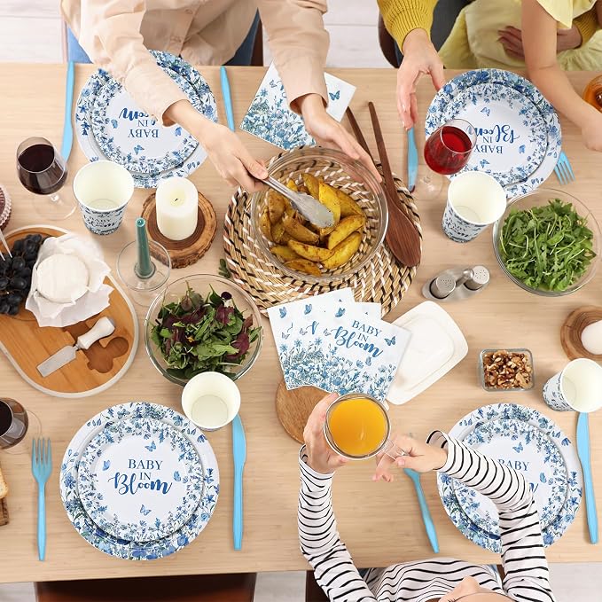 Yungyan 252 Pcs Baby in Bloom Blue Floral Baby Shower Party Tableware Set Included Plates Napkins Cups Forks Knives Cutlery for Party Decorations Supplies 36 Guests
