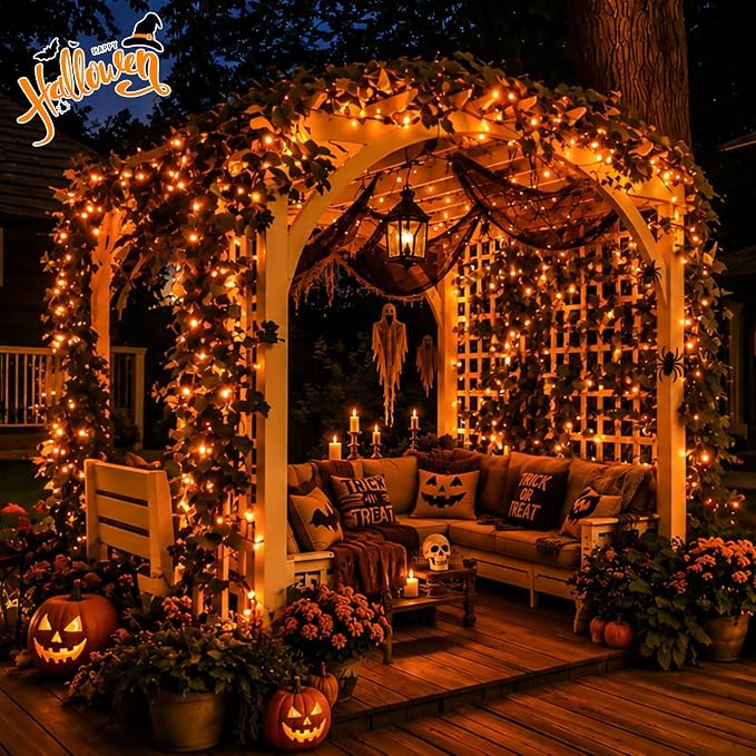 QITONG 4 Pack Solar Halloween Lights, Each 33ft 100 LED Orange Fairy Light Outdoor Waterproof, 8 Modes Silver Wire Christmas Twinkle Mini String Lights