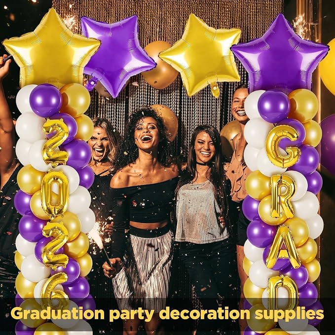 2 Sets Graduation Balloon Column Stand Kits with 132 PCS Purple Golden White Latex Balloons 2026 Letters 6.5 Ft Adjustable Metal Tube Telescopic Tower Pillar with Base for Graduation Party Decoration