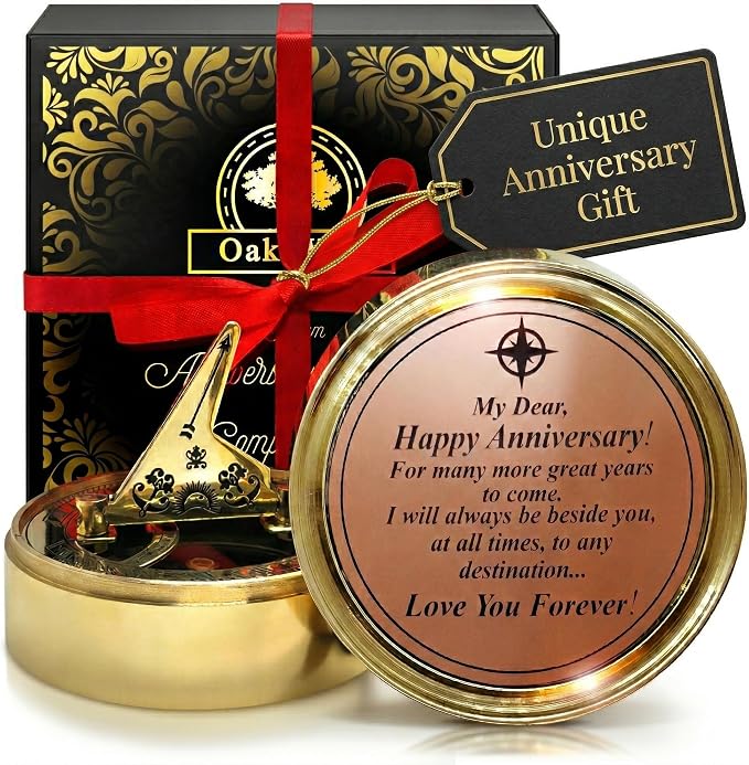 OakiWay Anniversary Sundial Compass Gift for Him or Her - Unique Gift Ideas for Husband or Wife, Men Wedding Anniversary 50th 40th 25th 20th Year Celebration, Gift Card Included