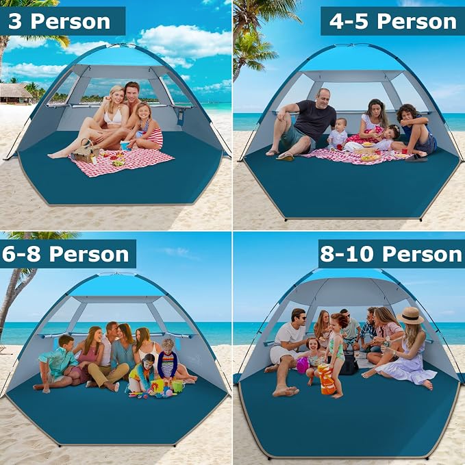 COMMOUDS Beach Tent Sun Shelter for 3/4/6/8 Person, UPF 50+ UV Protection Beach Shade Canopy Tent, Lightweight, Easy Set Up and Carry