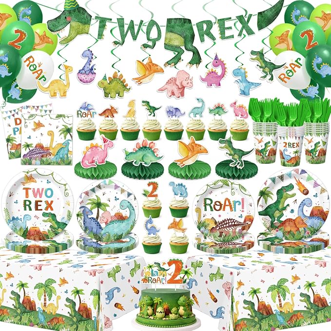 210 Pcs 2nd Dinosaur Birthday Party Decorations Serves 24 ，Two-Rex Theme Dino Roar Party Supplies with Banner Hanging Plates Napkins Cups Forks Knives Tablecloth Topper Balloons for Boy Party