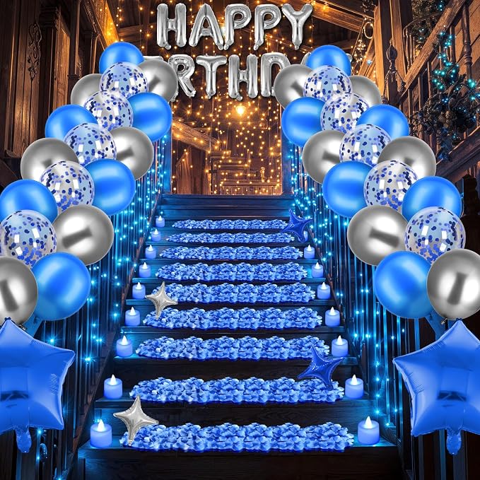 Blue Happy Birthday Balloons Decorations Royal Blue Silver Birthday Balloons Letters Banner 6 Pcs Star Balloons Blue Artificial Rose Petals 24 Flameless LED Candles for Bedroom Hotel Birthday Party