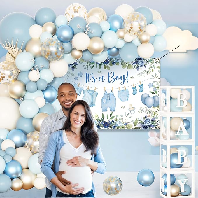 Blue Baby Boy Shower Decorations with 4pcs Balloon Boxes, 70pcs Balloon Garland Arch Kit, "It's a Boy" Backdrop, Tablecloth, Cake Toppers - Watercolor Clothesline Theme Party Supplies