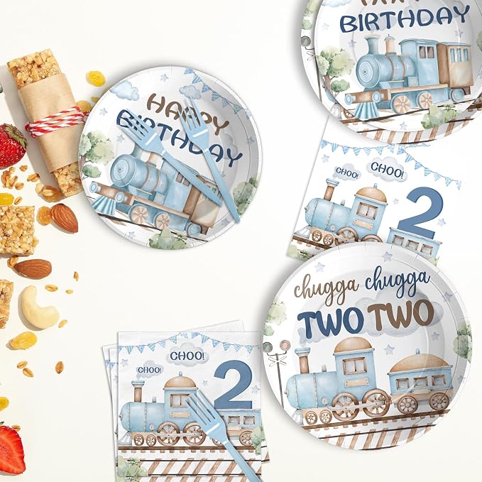96Pcs Chugga Chugga Two Two Birthday Party Decorations Watercolor Train 2nd Paper Plates Retro Blue Disposable Choo Choo I'm 2 Tableware Set for 2 Year Old Birthday Party Supplies, Serves 24