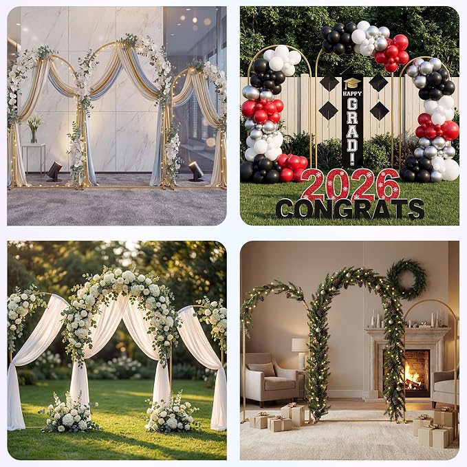 Toolterritary Wedding Arch Backdrop Stand 8FT, 7.2FT, 6.6FT Set of 3 Gold Metal Balloon Arch Stand with Stable Base, Banner Stand, Photography Backdrop, Party, Birthday, Baby Shower Decor