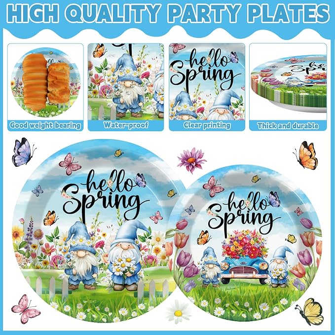 96Pcs Spring Party Supplies Hello Spring Paper Plates and Napkins Gnome Flower Butterfly Truck Tableware Disposable Dessert Dinnerware for Baby Shower Party for 24 Guests
