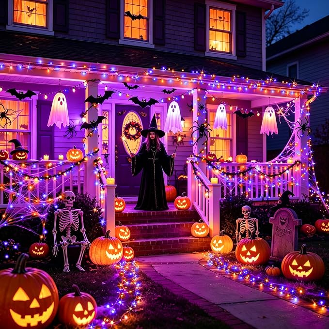 KNONEW Purple and Orange Halloween Lights 60FT 180 LED Indoor Outdoor String Light with 8 Lighting Modes, Timer Memory Function Plug in for Halloween Party Home Garden Roof Decorations