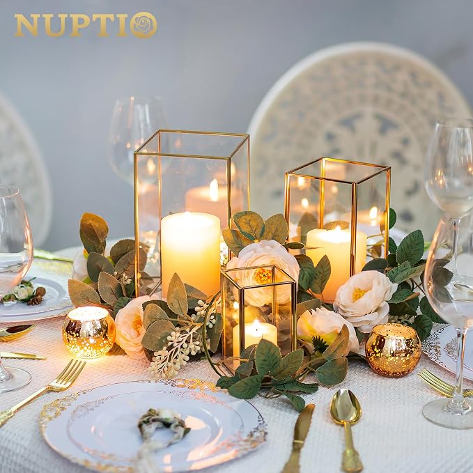 NUPTIO Hurricane Candle Holder Centerpieces: 6 Pcs Decorative Glass Candles Lantern with Gold Metal Frame Modern Pillar Candle Holders for Wedding Thanksgiving Anniversary Decor 8.1 & 6.5 & 4.7 inch