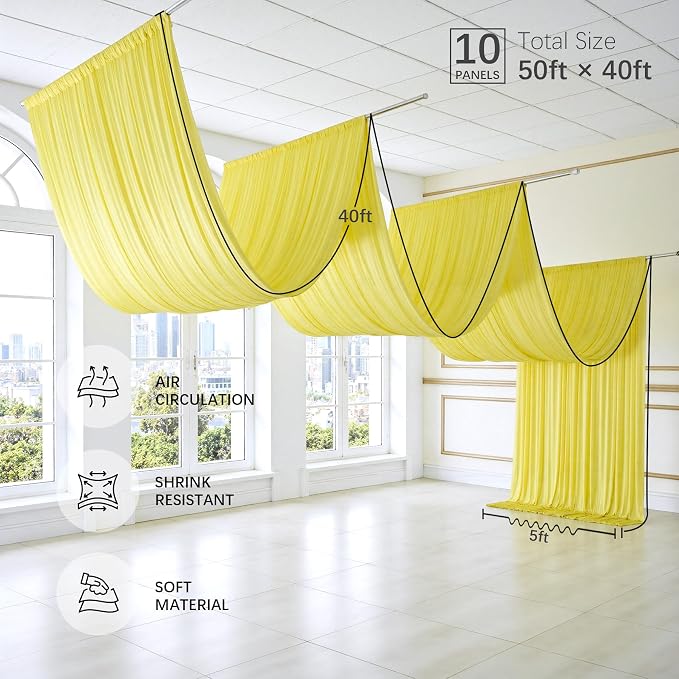 50ftx40ft Light Yellow Ceiling Curtain for Wedding Parties – 10 Panels Wrinkle-Free 40 FT Long Tent Draping Curtains for Wedding, Birthday & Theme Parties, 40ft Height with Rod Pocket