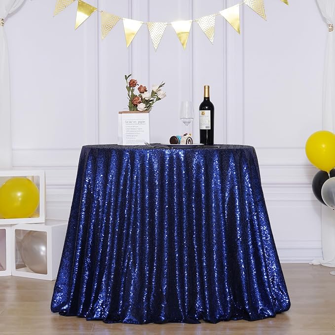 Poise3EHome 90 Inch Round Navy Blue Sequin Tablecloth for Party Cake Dessert Table Exhibition Events