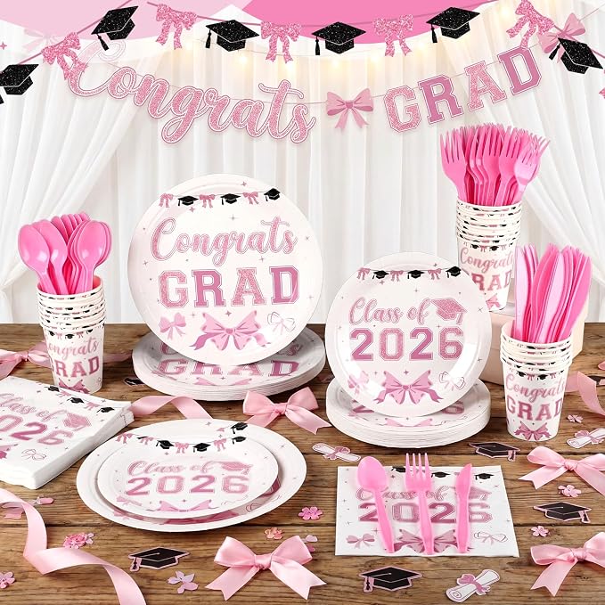 168 Pcs Pink Graduation Decorations Pink Bow Class of 2026 Party Supplies Serve 24 Coquette Graduation Plates, Napkins, Cutlery Set Congrats Grad Tableware Set Disposable Paper Plates Cups